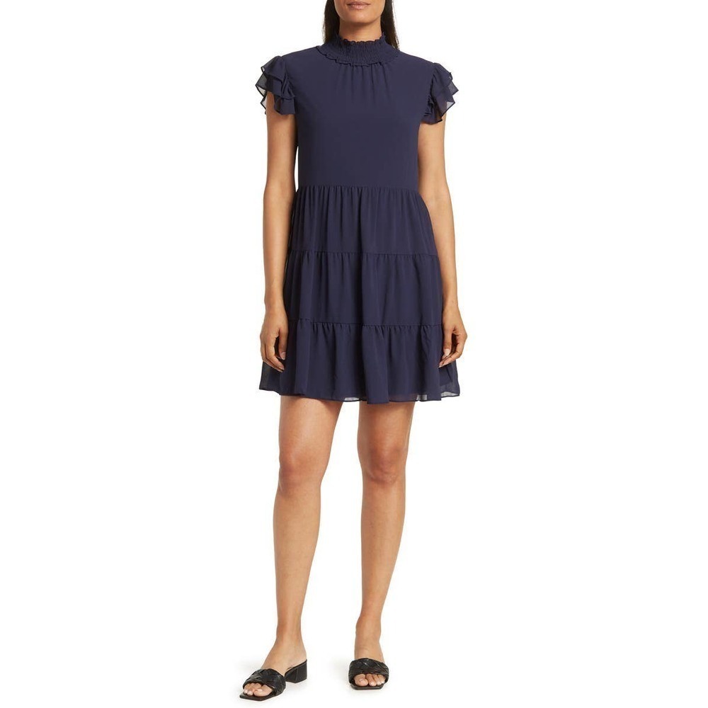New ELIZA J Women's Navy Flutter Sleeve Mock Neck Dress EJ2M0184 Size 4